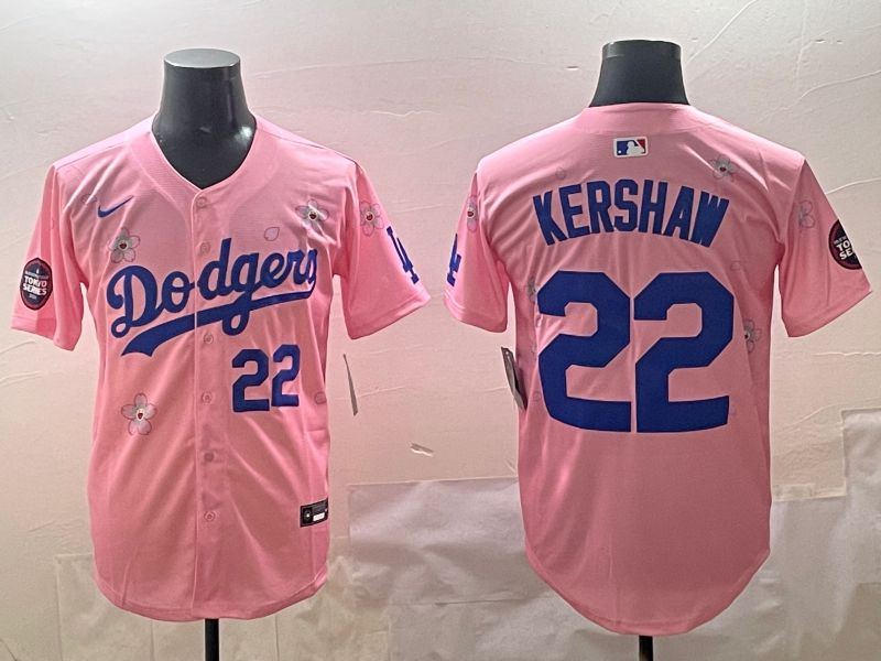 Men Los Angeles Dodgers #22 Kershaw Pink Sakura Edition 2025 Nike MLB Jersey style 5->youth mlb jersey->Youth Jersey